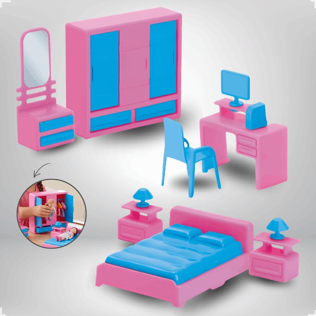 Kit Quartinho Boneca Judy Home Coleção com Cama Guarda-Roupa Penteadeira e Computador