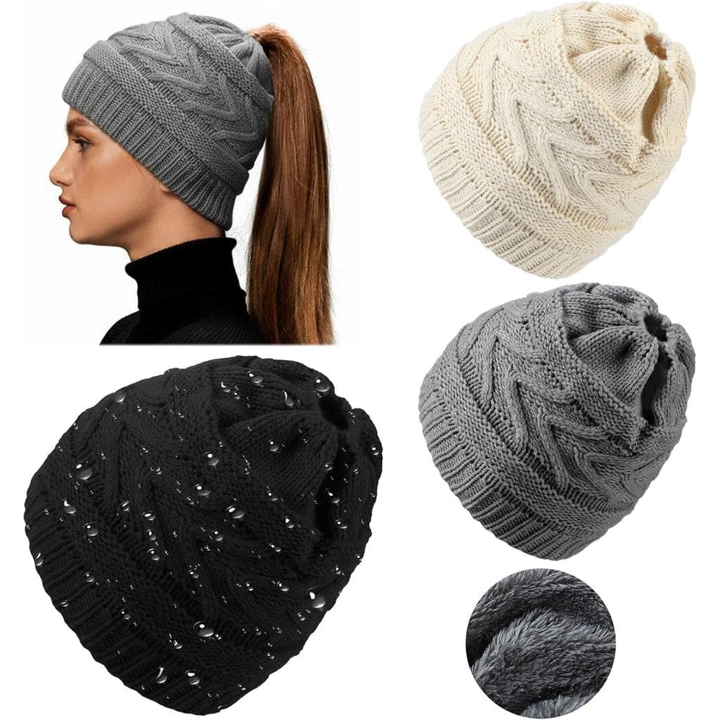 3 Peças de Gorro Impermeável com Abertura para Rabo de Cavalo, Forrado com Fleece, Térmico, Macio e Quente, Impermeável,