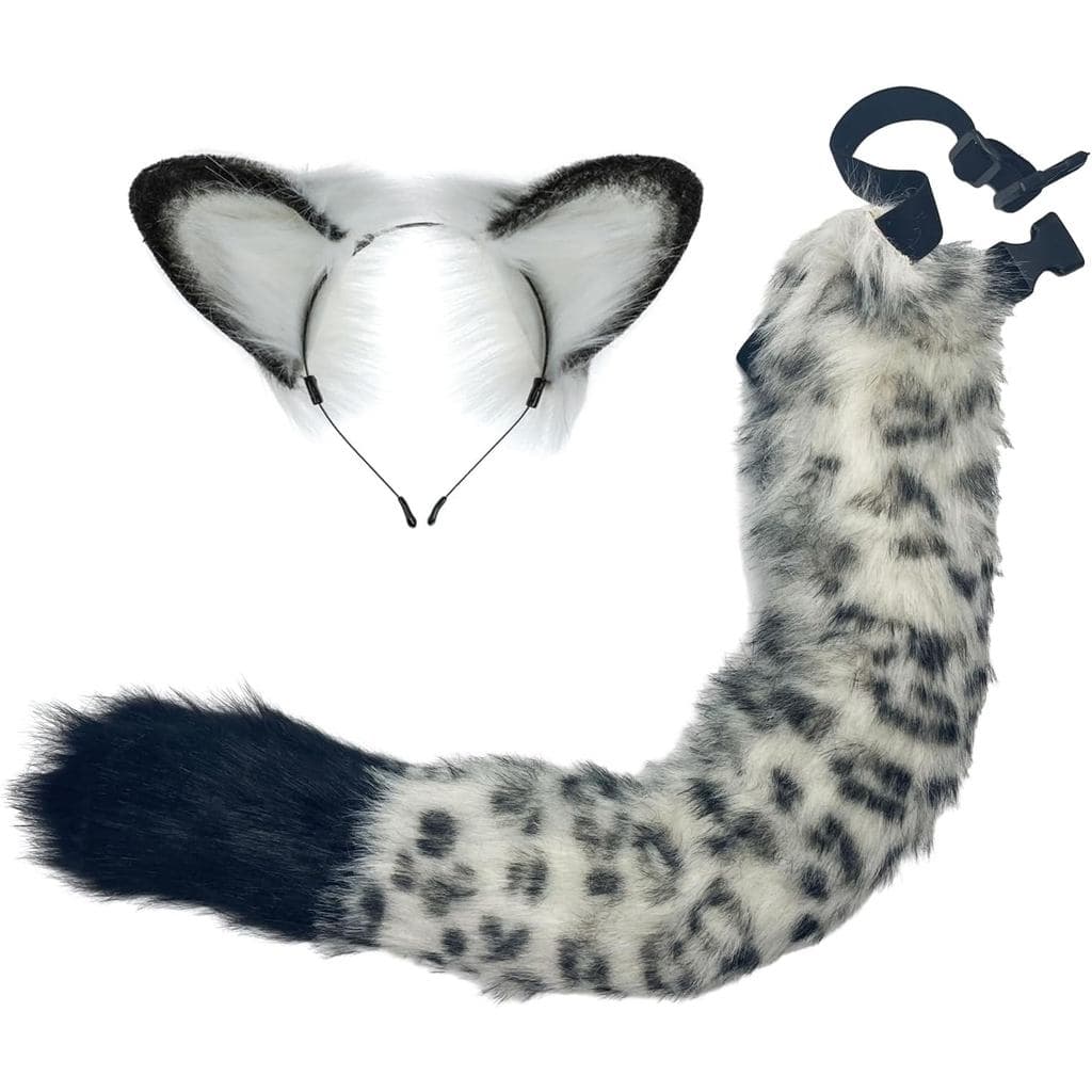 LittleLuluda Conjunto de Fantasia de Halloween com Orelhas de Pelúcia de Leopardo da Neve Branco com Cauda para Cosplay