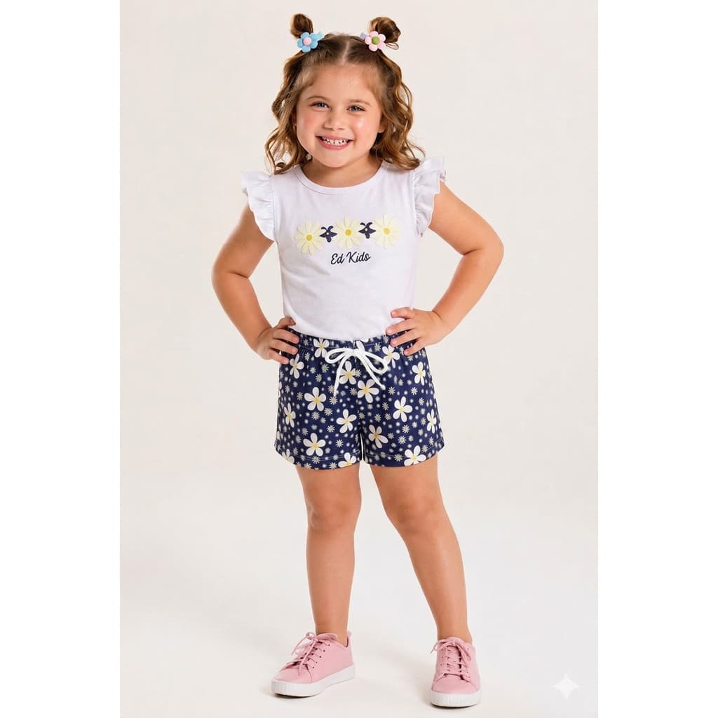 Conjunto Infantil Verão Feminino com Manga Babado Margarida - Branco | ED KIDS
