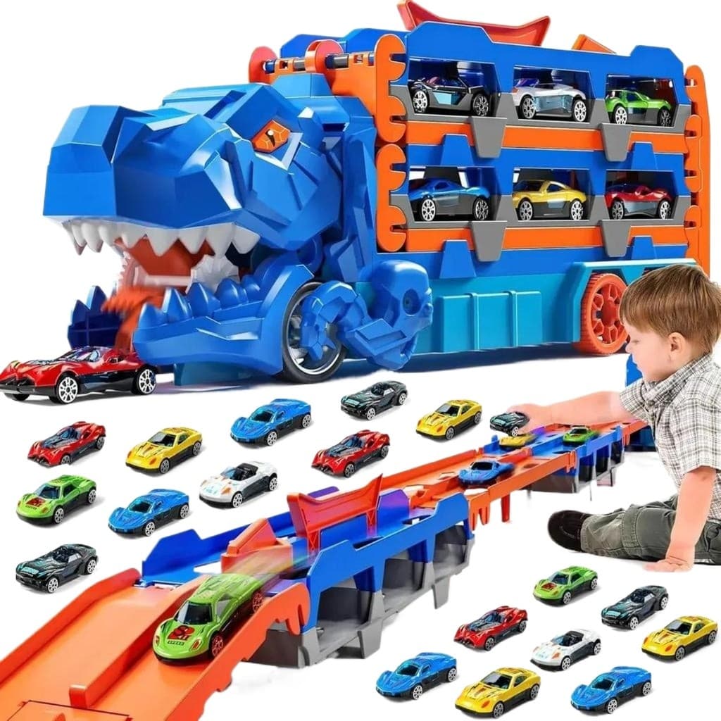 Caminhão Dinossauro Pista de Carrinho Compatível Hot Wheels City Brinquedo Infantil Menino Lançador Porta Carros 157cm