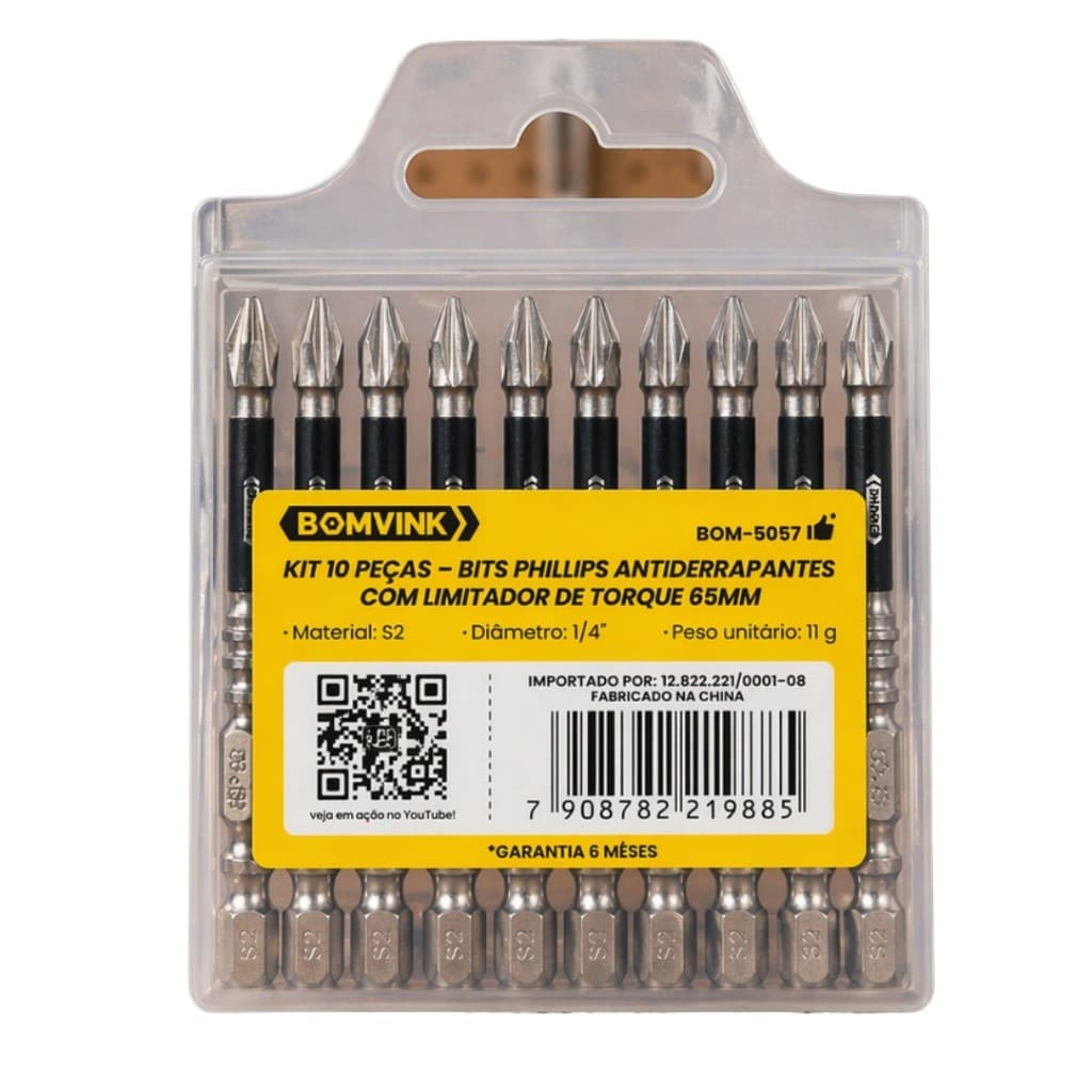 KIT 10 PEÇAS - BITS PHILLIPS ANTIDERRAPANTES COM LIMITADOR DE TORQUE 65MM