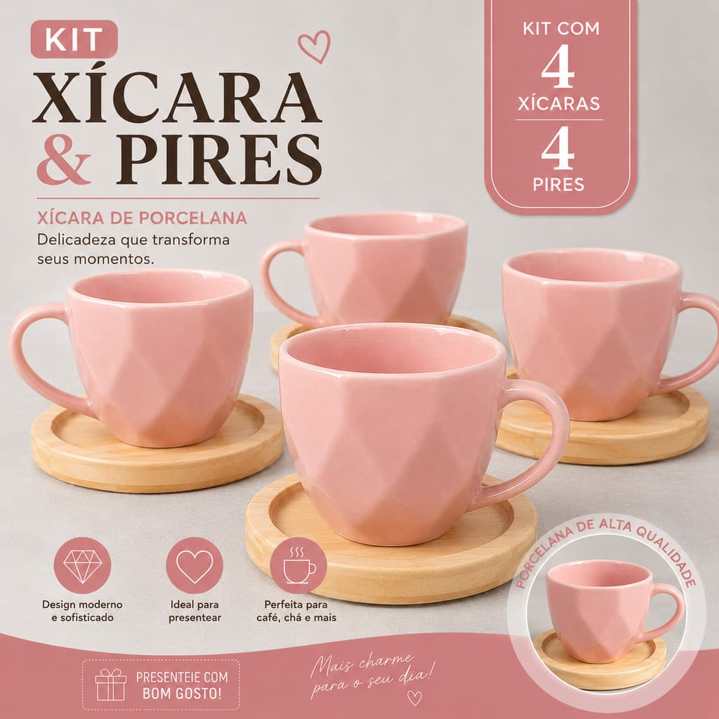 Jogo 4 Xicaras Porcelana Rosa Prisma 100 ml Kit Caneca Café Chá Mesa Posta Com Pires Madeira
