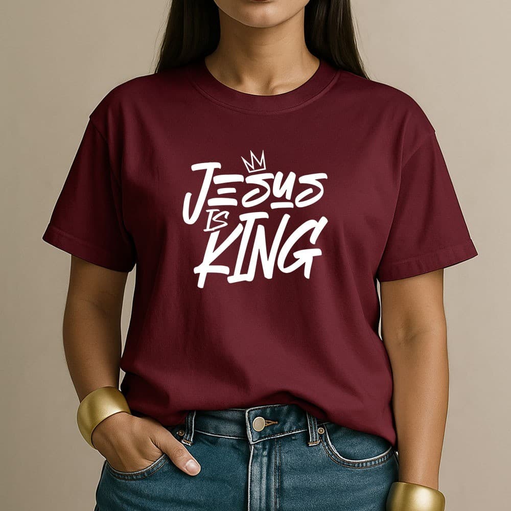 Camiseta 100% Algodão Jesus Is King Estilo Minimalista Camisa Feminina Cristã Casual para Dia a Dia