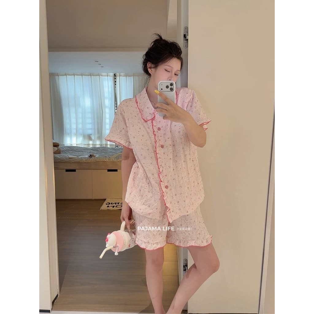 Bonito Floral coelho nuvem algodão pijamas feminino verão fino Shorts de manga curta com almofadas no peito Loungewear t