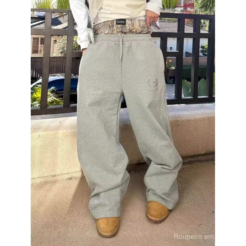 Moda de rua padrão bordado cintura dupla rendas casual calças de perna reta masculino esportes calças casuais
