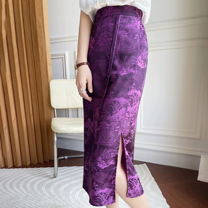 Novo estilo chinês Hip saia feminina 2025 verão estilo chinês Retro seda Jacquard acetato saia dividida um passo saia