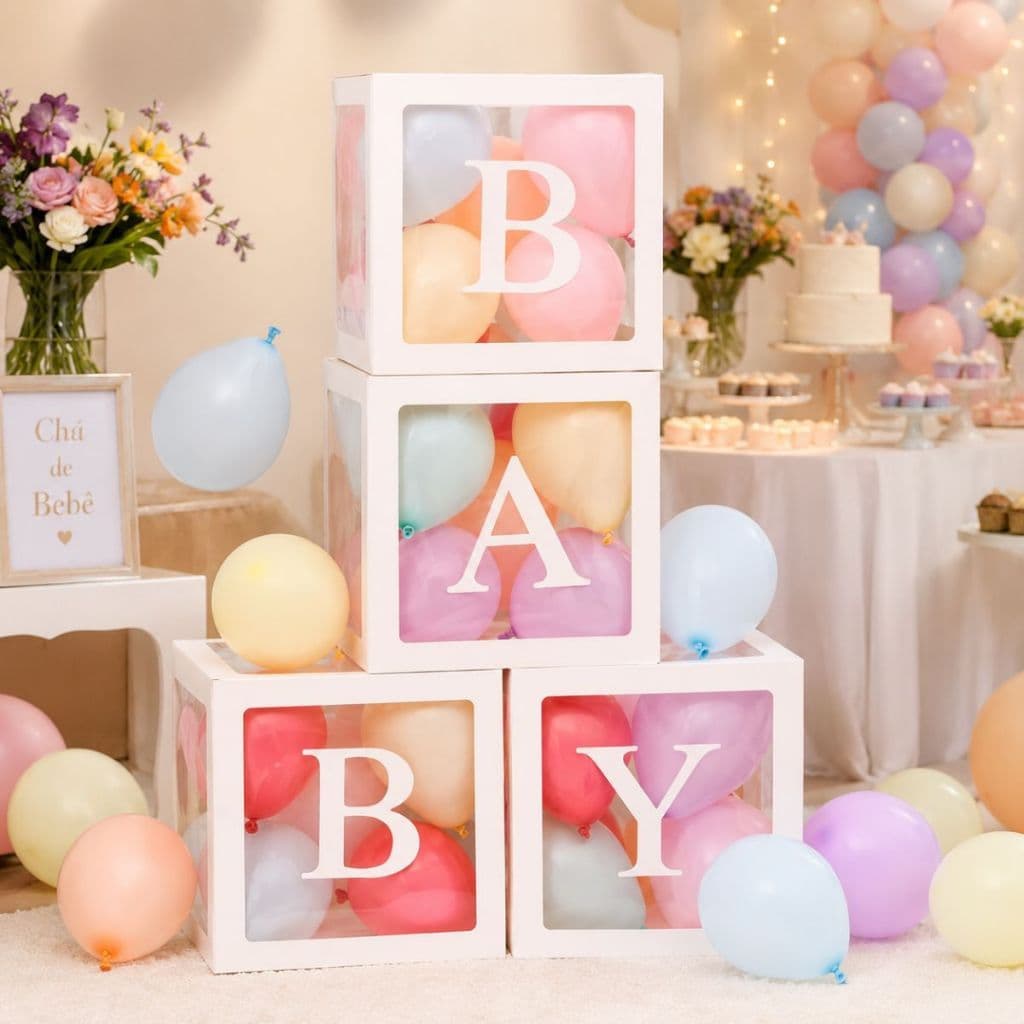 Cubos Baby Chá De Bebê Decoração Festa Revelação Balões Letras BABY 30x30cm