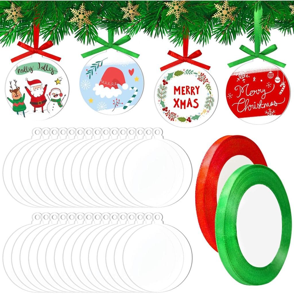 50 Pcs 3 Inch Christmas Acrylic Ornament Blanks, Round Blank Christmas Ornaments with Red Green Ribbon
