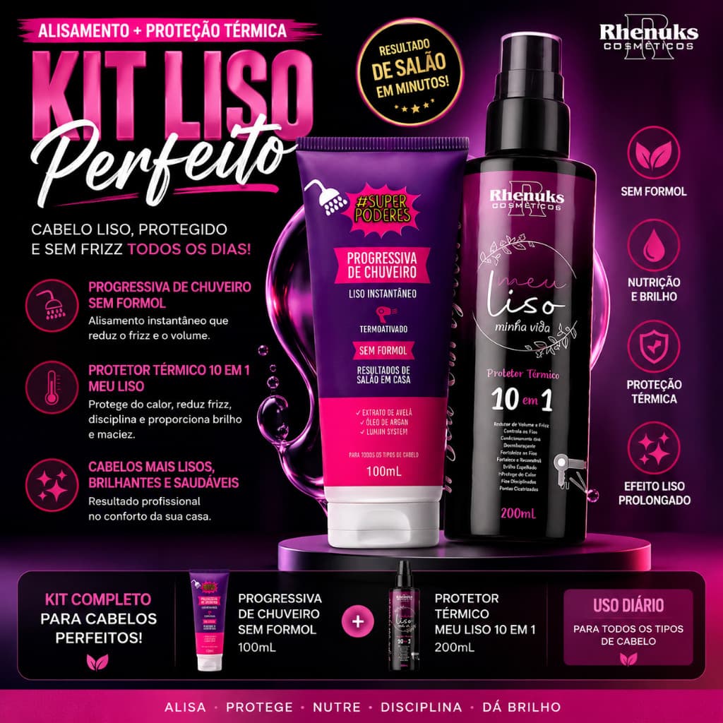 Progressiva de Chuveiro Sem Formol 100ml + Spray Protetor Térmico Meu Liso 200ml - Kit Liso Perfeito