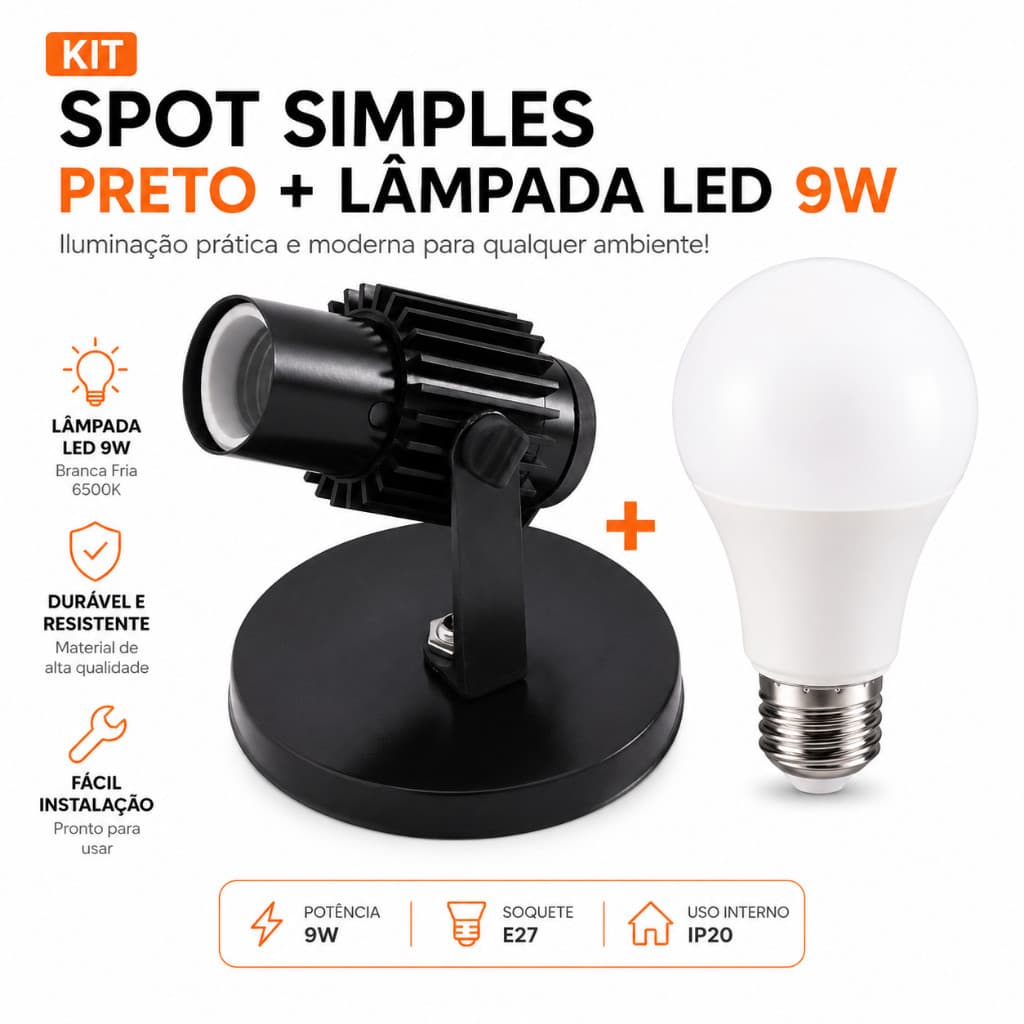 Kit Spot LED Sobrepor Preto Direcionável + Lâmpada LED 9W E27 Branco Frio