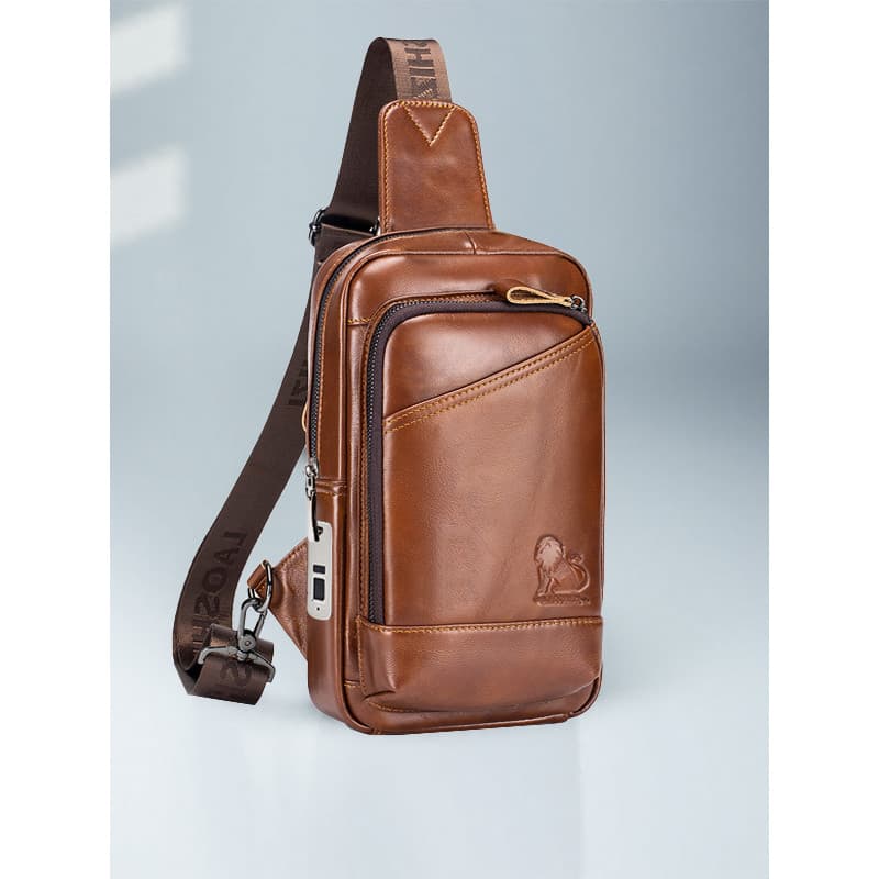 Bolsa de peito de couro genuíno masculina com desbloqueio de impressão digital, bolsa de ombro retrô estilo Casual, bols