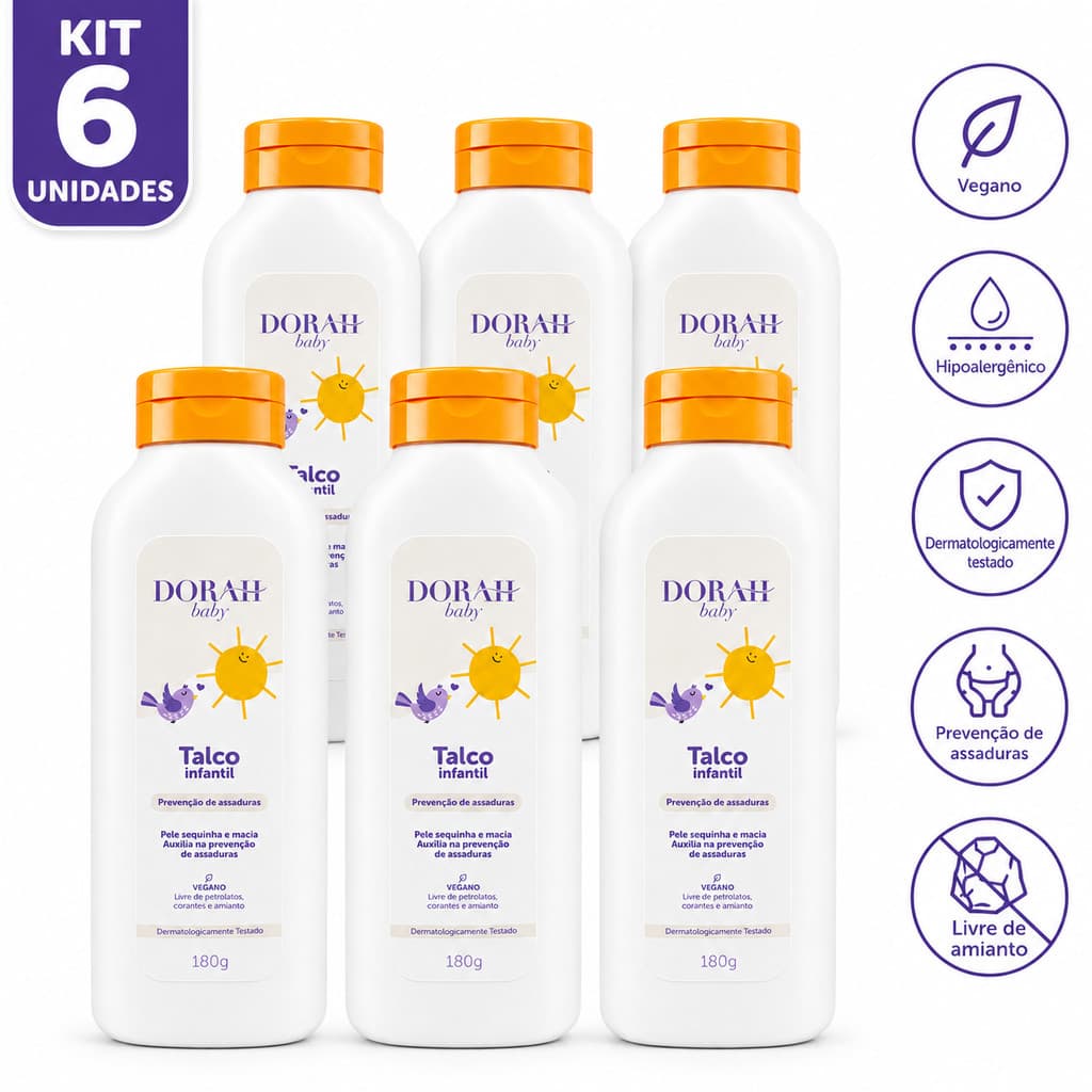 Kit 6 Talco Infantil Dorah Baby 180g Hipoalergênico Dermatologicamente Testado