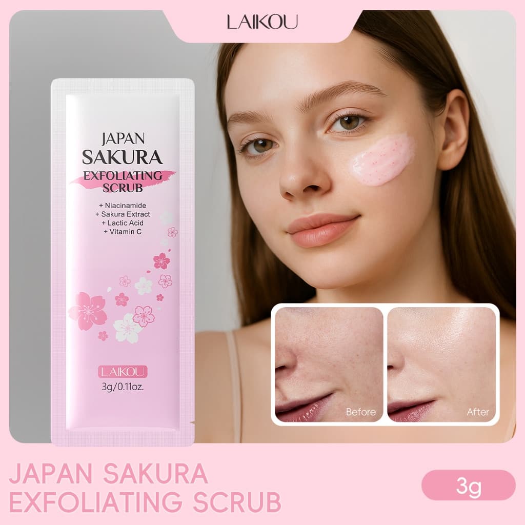 Esfoliante LAIKOU Sakura 3g com Niacinamida, Vitamina C e Ácido Lático, Esfoliante Suave para Textura de Pele Lisa