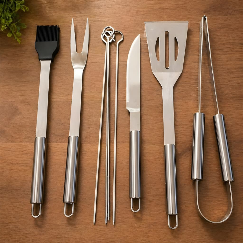 Kit Churrasco 9 Peças Inox Completo Com Estojo - Faca + Garfo + Espátula + Pegador + Espetos
