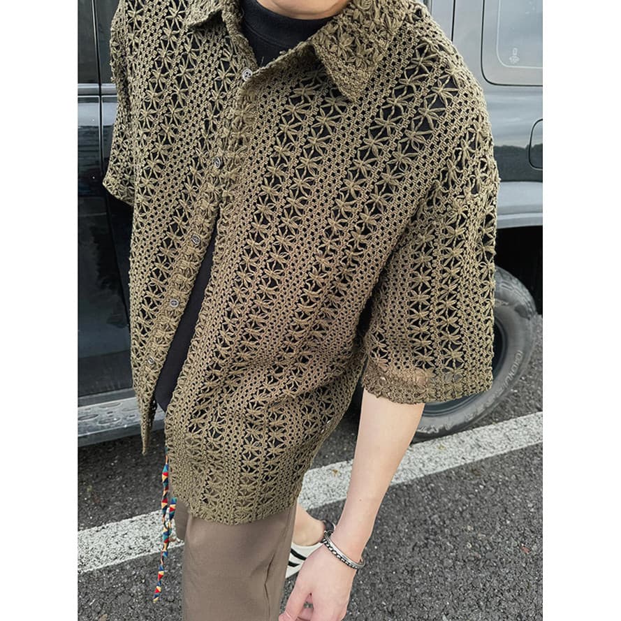 Americano Retro oco camisa de malha atmosfera masculina sentir verde de manga curta Cardigan estilo férias renda transpa