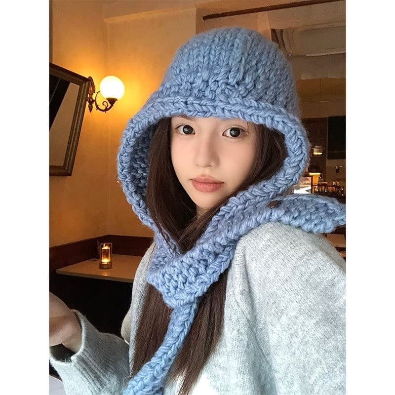 Chapéu Balaclaf de malha azul feminino outono inverno quente grande circunferência da cabeça chapéu de lã babador chapéu