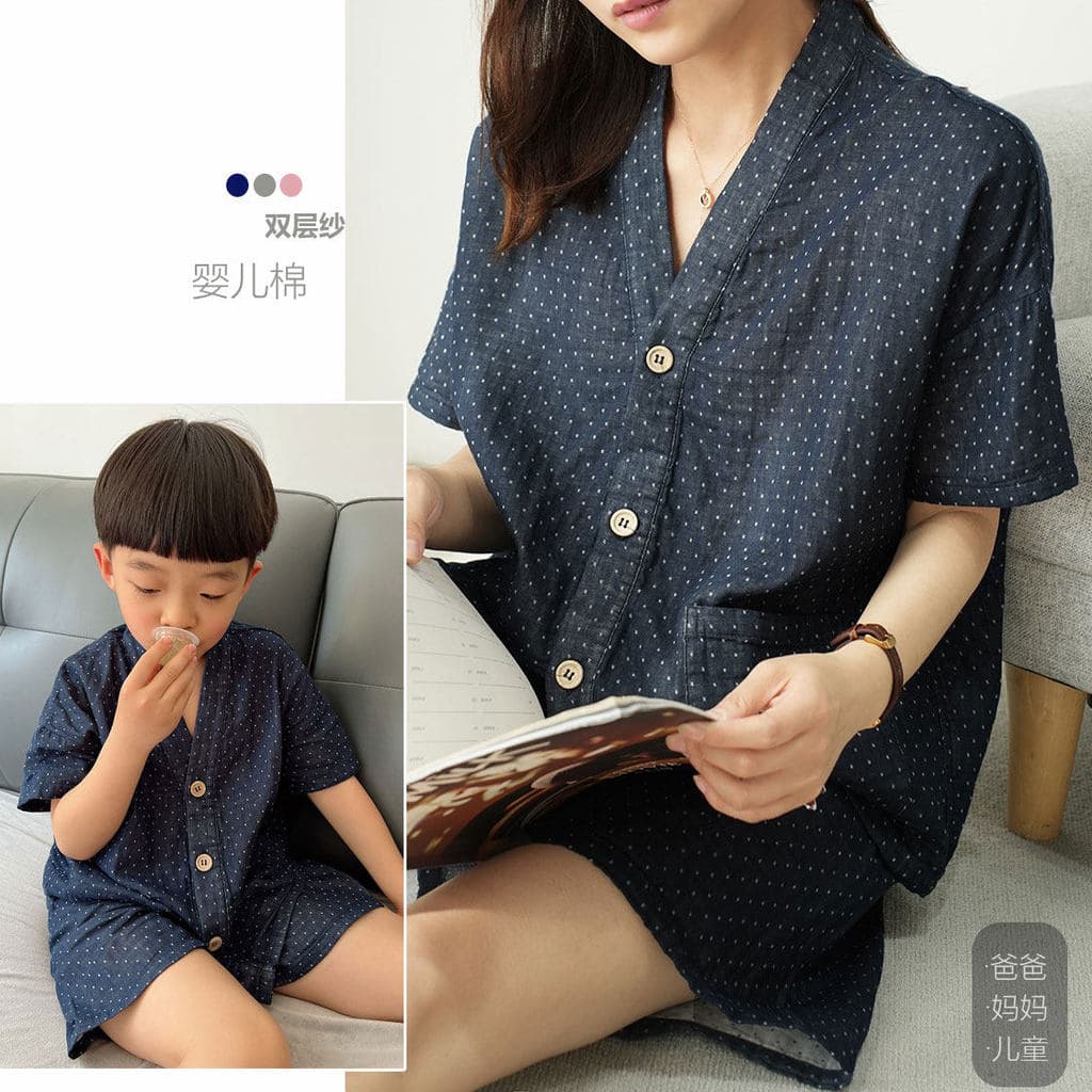 Especial estilo pai-filho dupla camada lavada gaze japonês puro algodão Homewear crianças homens mulheres manga curta