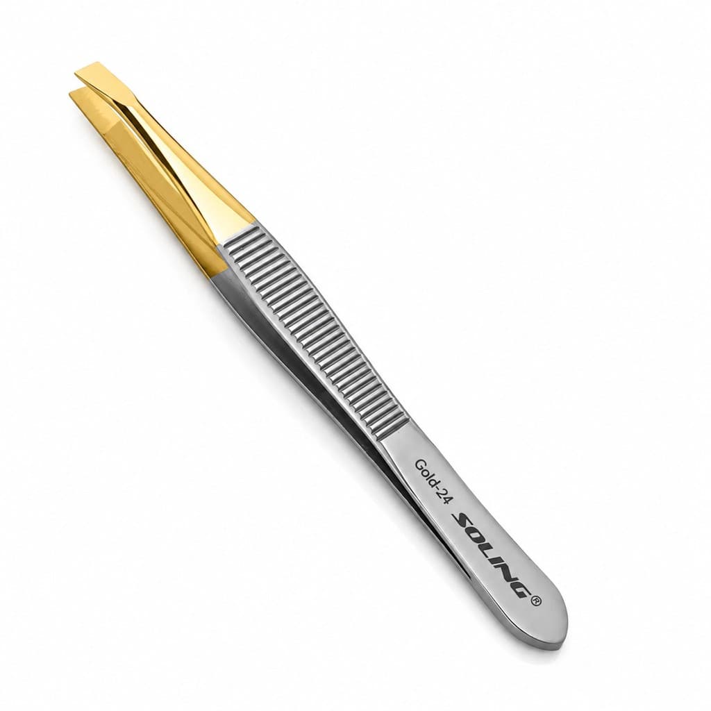 Pinça Soling Ponta Reta Gold 24 Profissional para Designer Sobrancelhas Alta Precisão