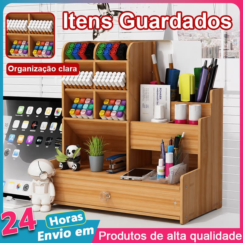 Organizador Multiuso de Mesa Mdf para Escritório com Gaveta e Compartimentos