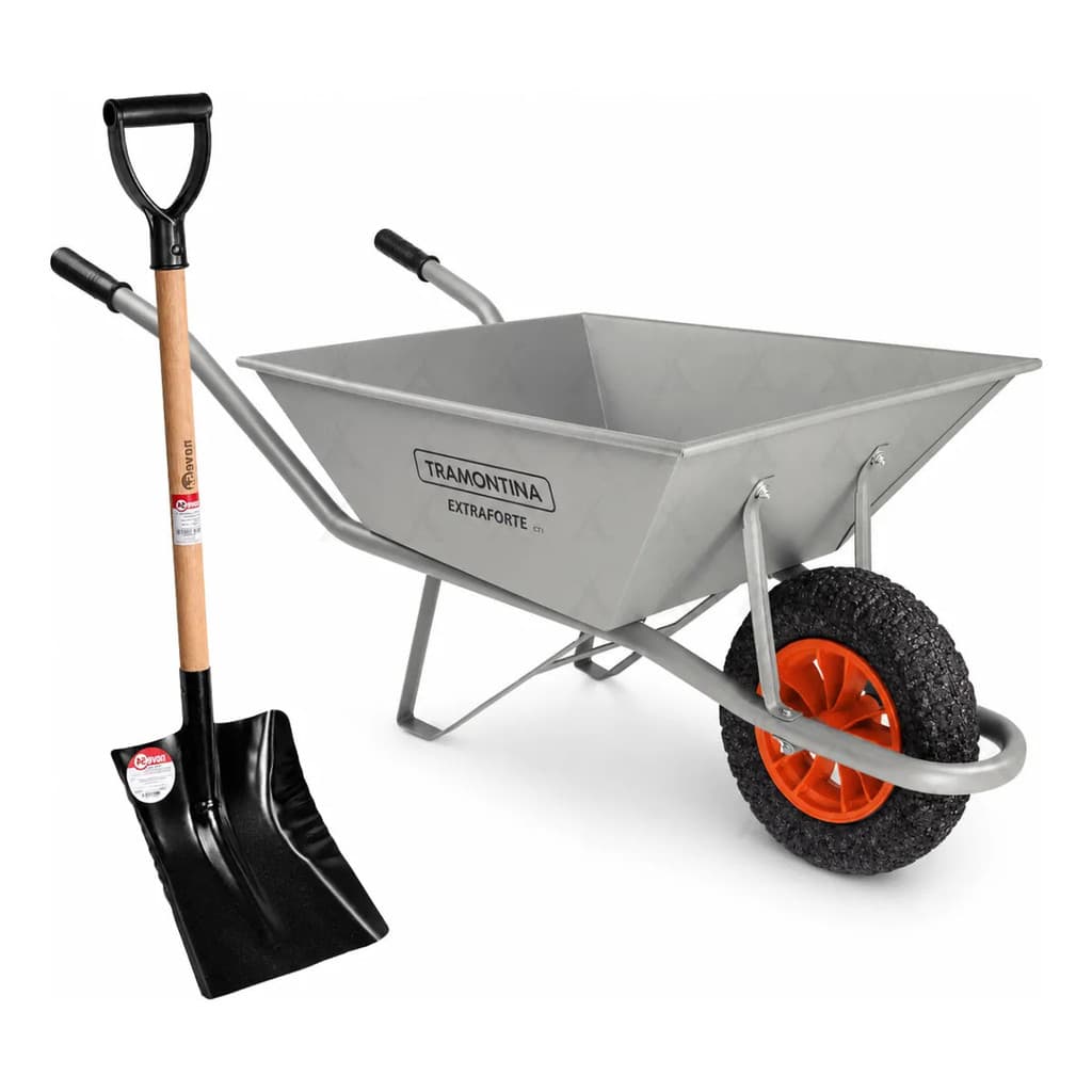 Carrinho De Mão Extraforte 65L Pneu Maciço De Obra Tramontina + Pá Quadrada - Pedreiro Construção