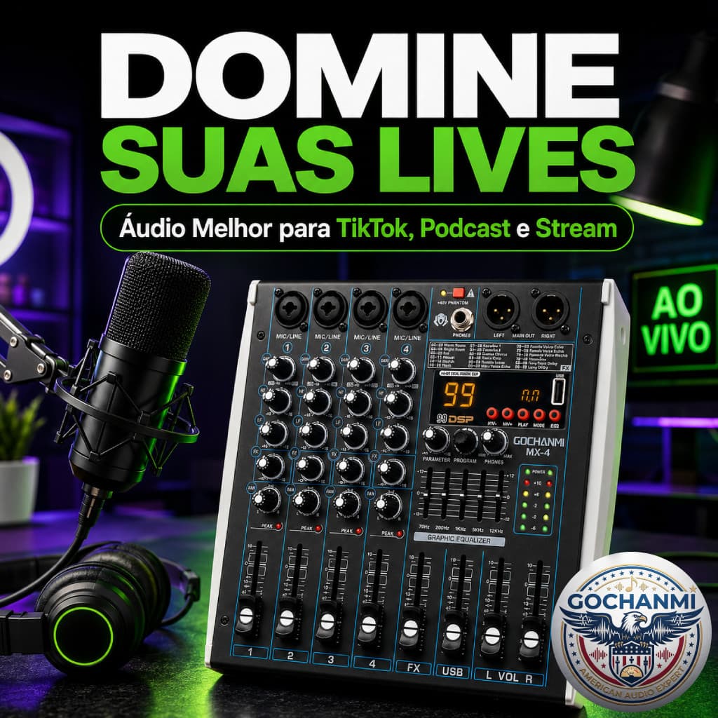 Mesa de Som Gochanmi MX4 99 DSP 4 Canais Phantom 48V Bluetooth USB