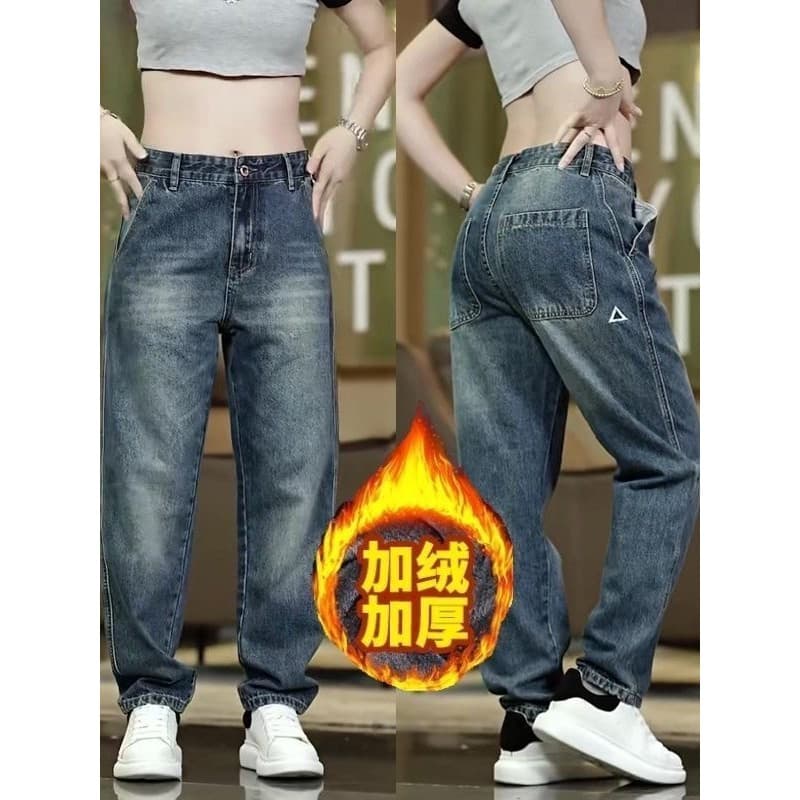 Outono inverno estilo forro de lã Retro estiramento Jeans masculino na moda calças retas soltas largas-
