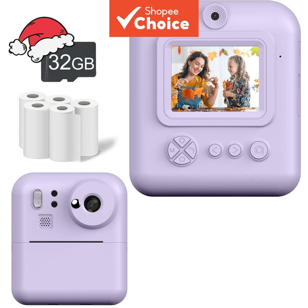 Câmera Instantânea para Crianças, Roxo Fofo com Cartão de Memória 32GB e Rolos de Papel de Impressão Inclusos, Tamanho