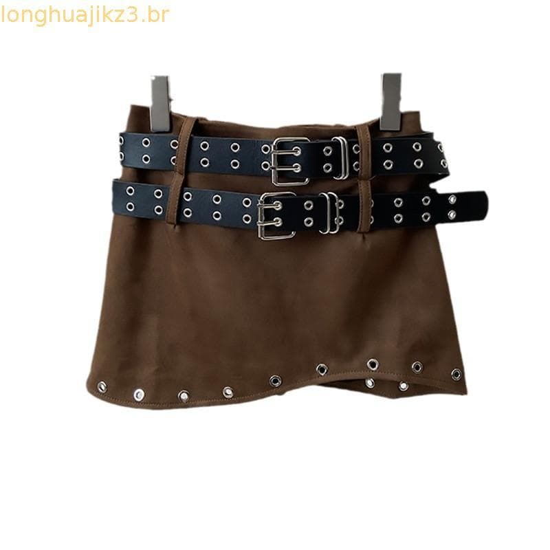 [Novidade em estoque] Saia Curta Versátil Estilo Garota Moderna e Atraente, Design Robusto Decorado com Cinto Duplo e Es