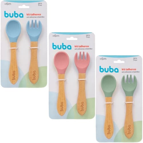 Kit Talheres Colher + Garfo Buba Silicone Bambu Bebê Introdução Alimentar Bebe Papinha Infantil