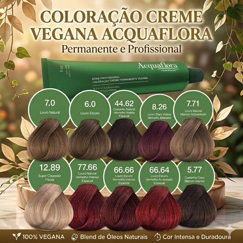 Coloração Creme Vegana Acquaflora  Permanente e Profissional | Escolha Seu Tom!