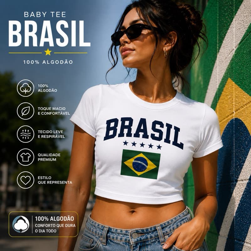 Baby Tee Brasil Feminina Cropped Y2K Streetwear Camiseta Copa 100% Algodão Tendência Fashion 2026