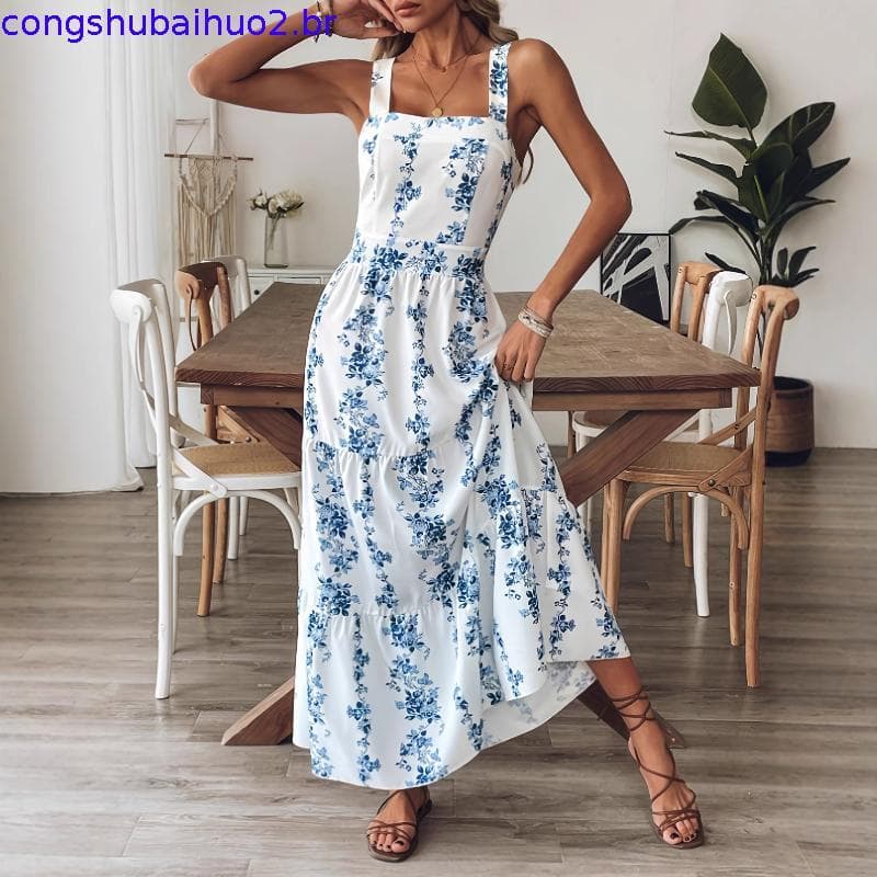 Vestido Longo Feminino Estampado Floral Azul | Decote Quadrado + Recorte na Costas + Babado Leve