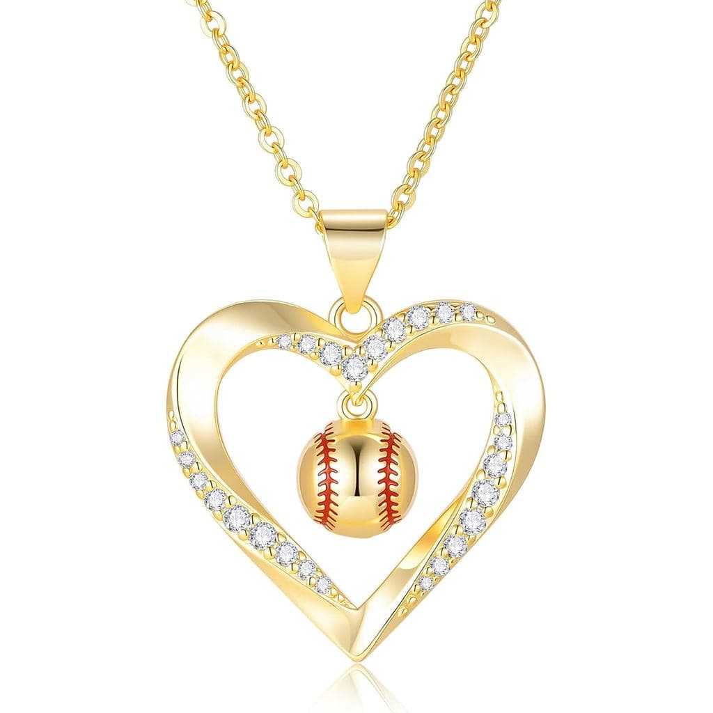 Colares de Softball para Mulheres - Colares com Pingente de Softball em Forma de Coração, Banhados a Ouro 14K com Zircôn