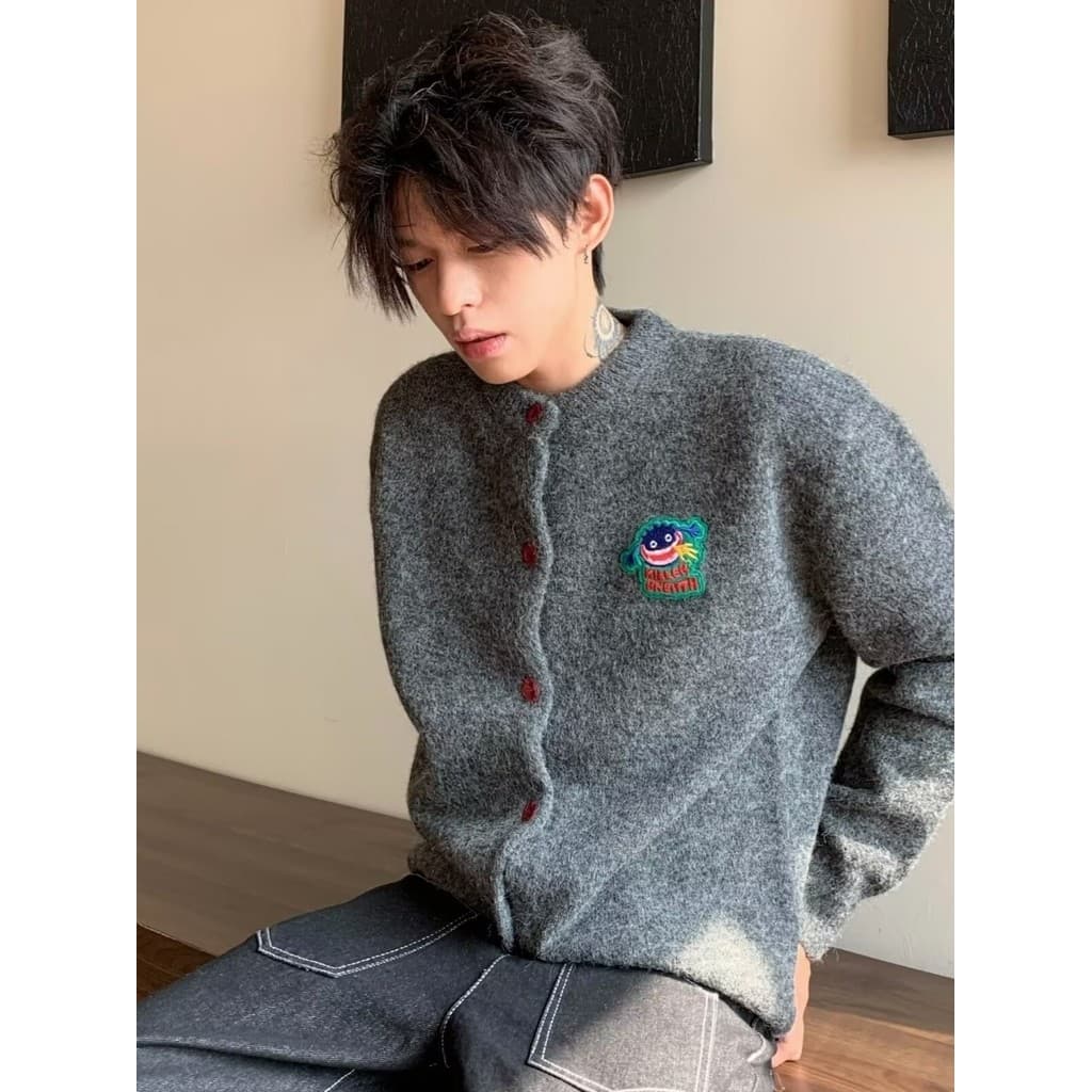 Retro bordado High-End Cardigan camisola masculina estilo preguiçoso cinza outono casal solto Casual malhas jaqueta