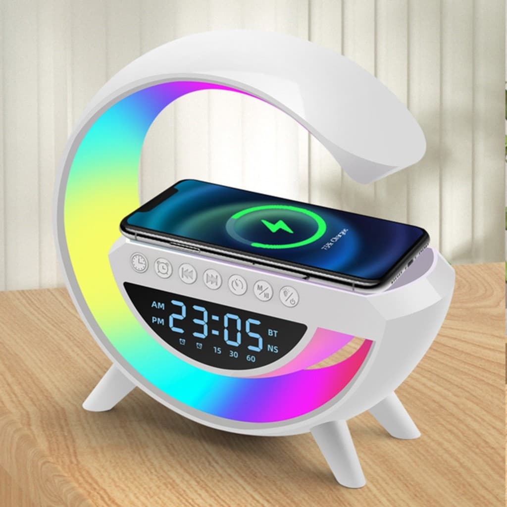 Caixa de Som Bluetooth RGB Luminária de Mesa Relógio e Alarme com Carregador Sem Fio
