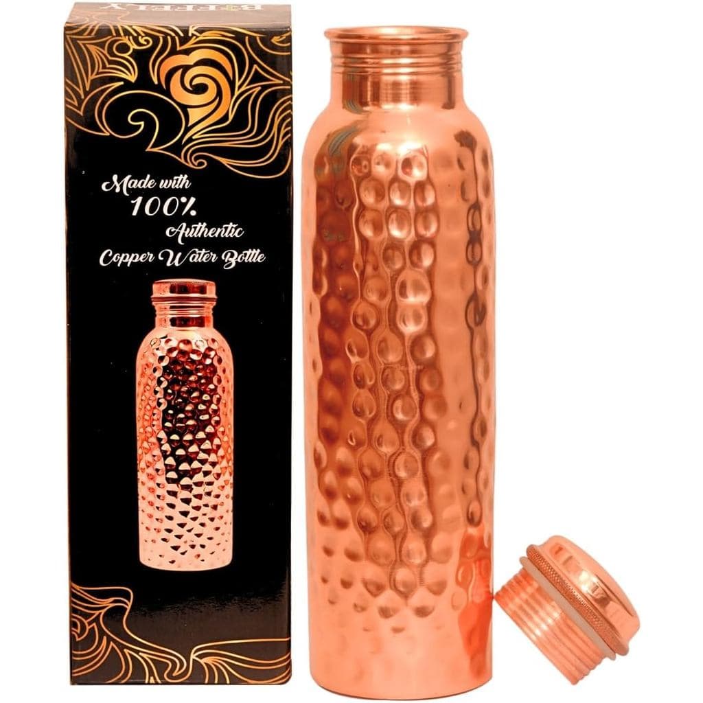 Garrafa de Água de Cobre - 34oz - Garrafa de Água Artesanal Ayurvédica 100% de Cobre Puro para Beber | Homens e Mulheres
