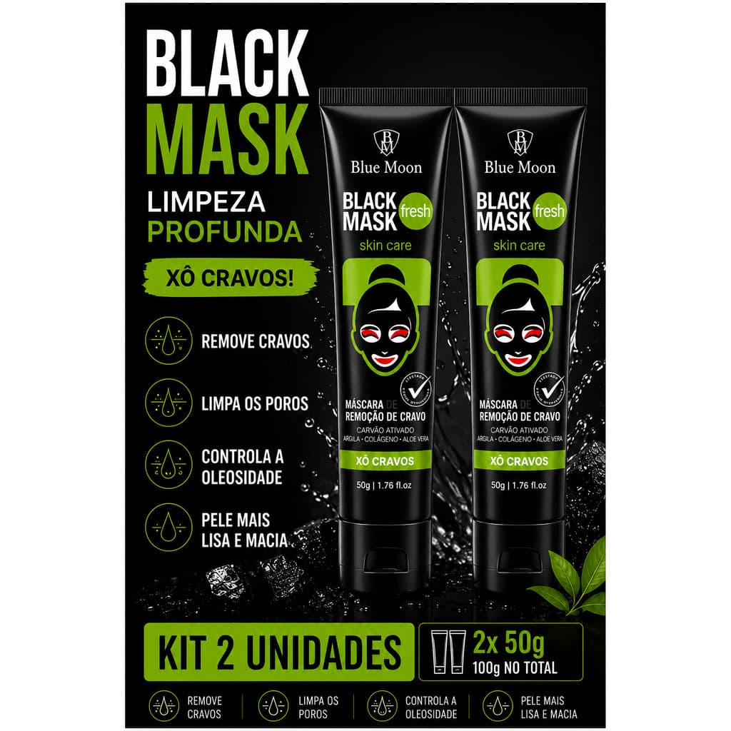 Kit 2 Unidades Máscara Black Peel Off Remove Cravos Limpeza Profunda Controle de Oleosidade 50g