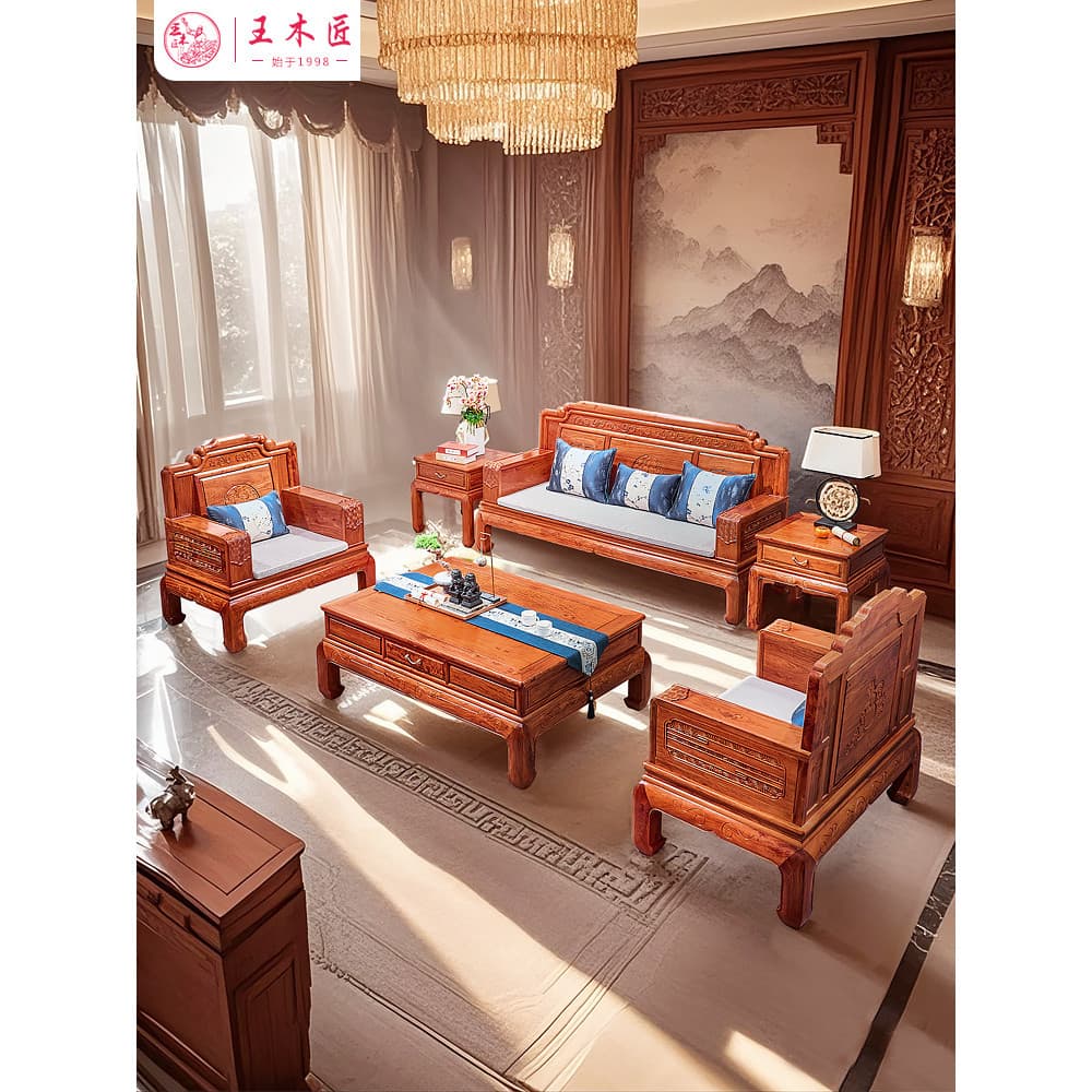 Wang carpinteiro novo estilo grande fruta vermelho sândalo sofá Fu Lu subindo mianmar jacarandá grande apartamento sala
