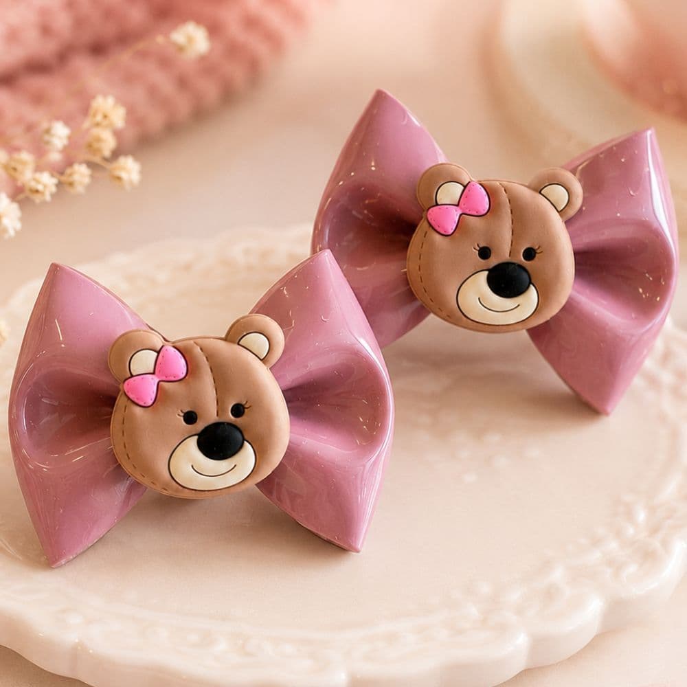 Parzinho De Laços Infantil Ursinha Rosa Verniz Presilha Baby Menina Lacinho Delicado