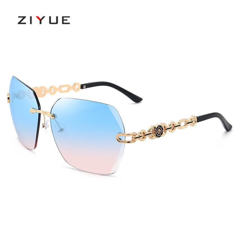 Novos Óculos de Sol Femininos Decorativos Sem Armação com Borda Chanfrada e Corrente de Metal, Lentes Gradientes Estilo