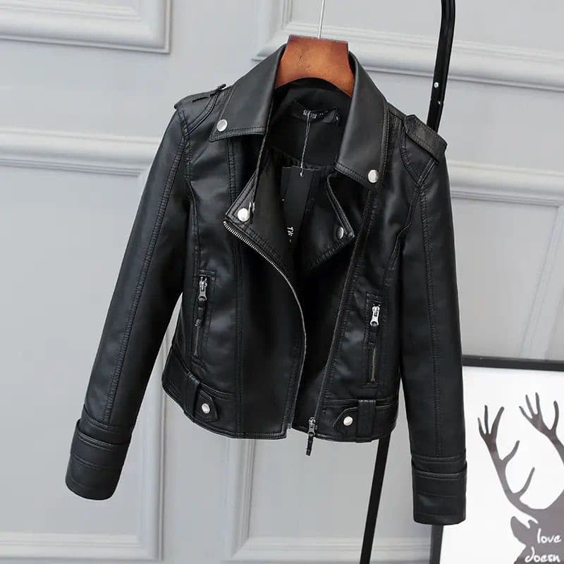 Jaqueta De Couro Feminina Casual Preta Elegante Slim Moderna Moda Luxo