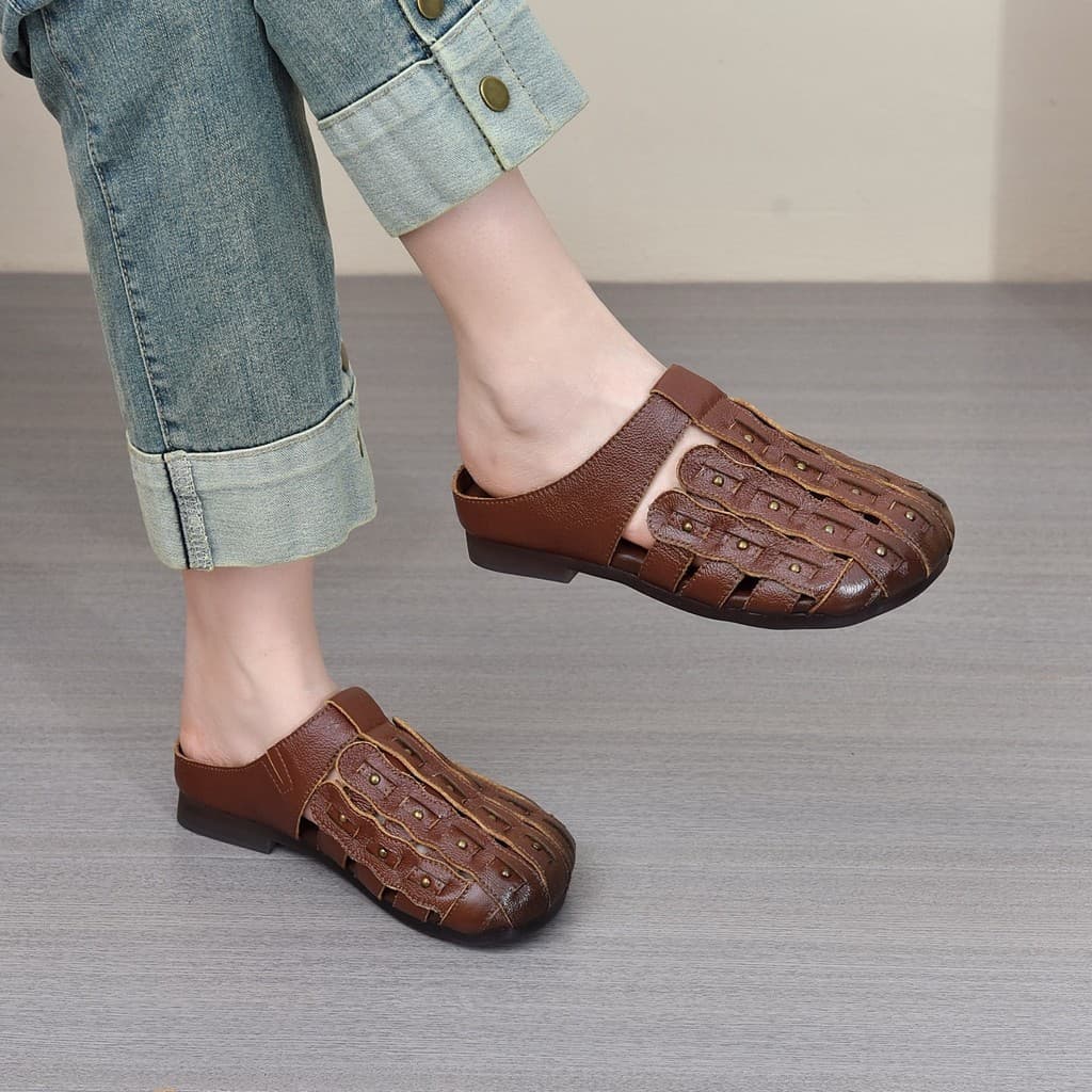 Genuíno couro genuíno toe-toe meio dedo do pé sandálias femininas de verão chinelos novo Retro tecido sola macia chinelo
