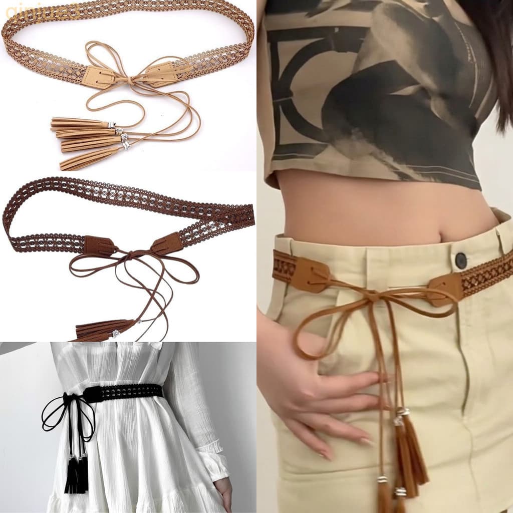 Cinto Boêmio Com Borla E Cadarço , De Crochê Oco Borlas De Couro Sintético Para Mulheres , Vestidos Túnicas