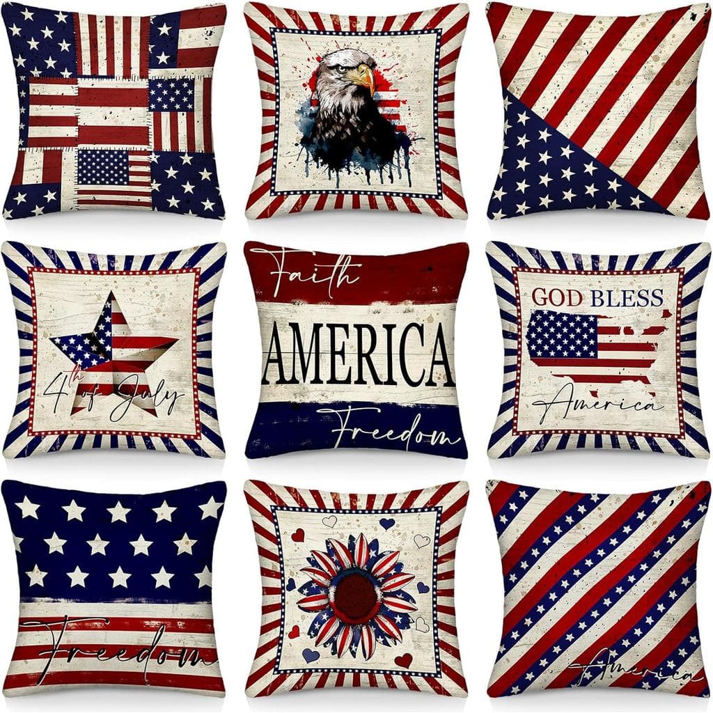 9 Peças de Capas de Almofada Patrióticas com Bandeira Americana 18 x 18 Polegadas, Capas de Almofada para o 4 de Julho,