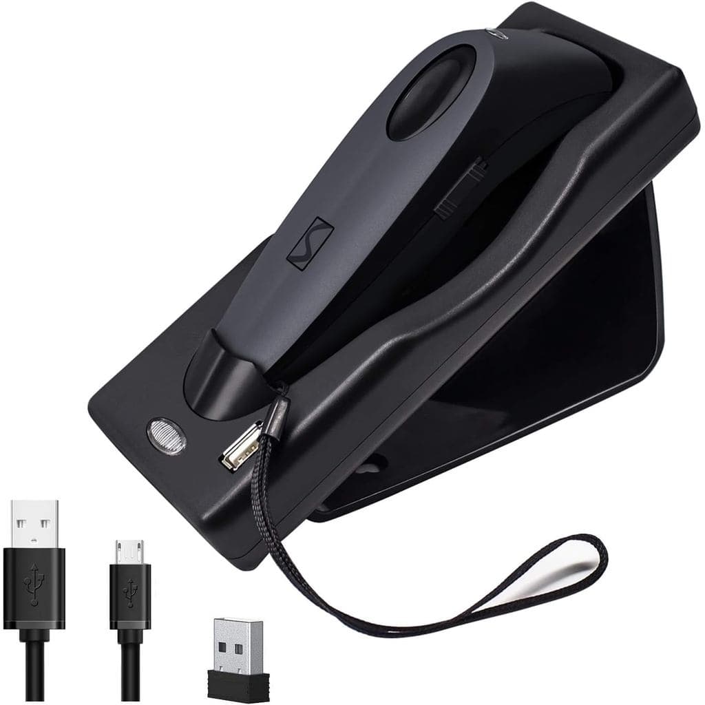 Leitor de código de barras 2D Bluetooth com base de carregamento, dupla conexão sem fio 2.4G + Bluetooth, leitor de códi