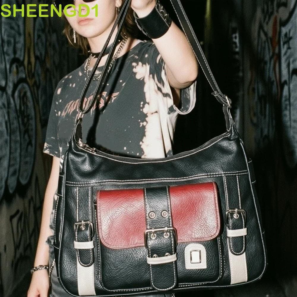 SHEENGD1 Bolsa Crossbody De Couro PU , De Ombro Requintada De Grande Capacidade Mensageiro Vintage Em Cor Contrastante