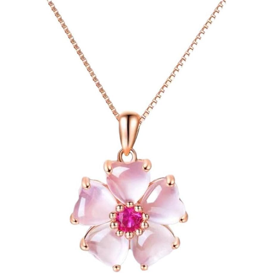 Colar com Pingente de Flor Rosa para Mulheres, Cristal CZ, Flores de Cerejeira, Colares Delicados, Coração de Amor Rosa,