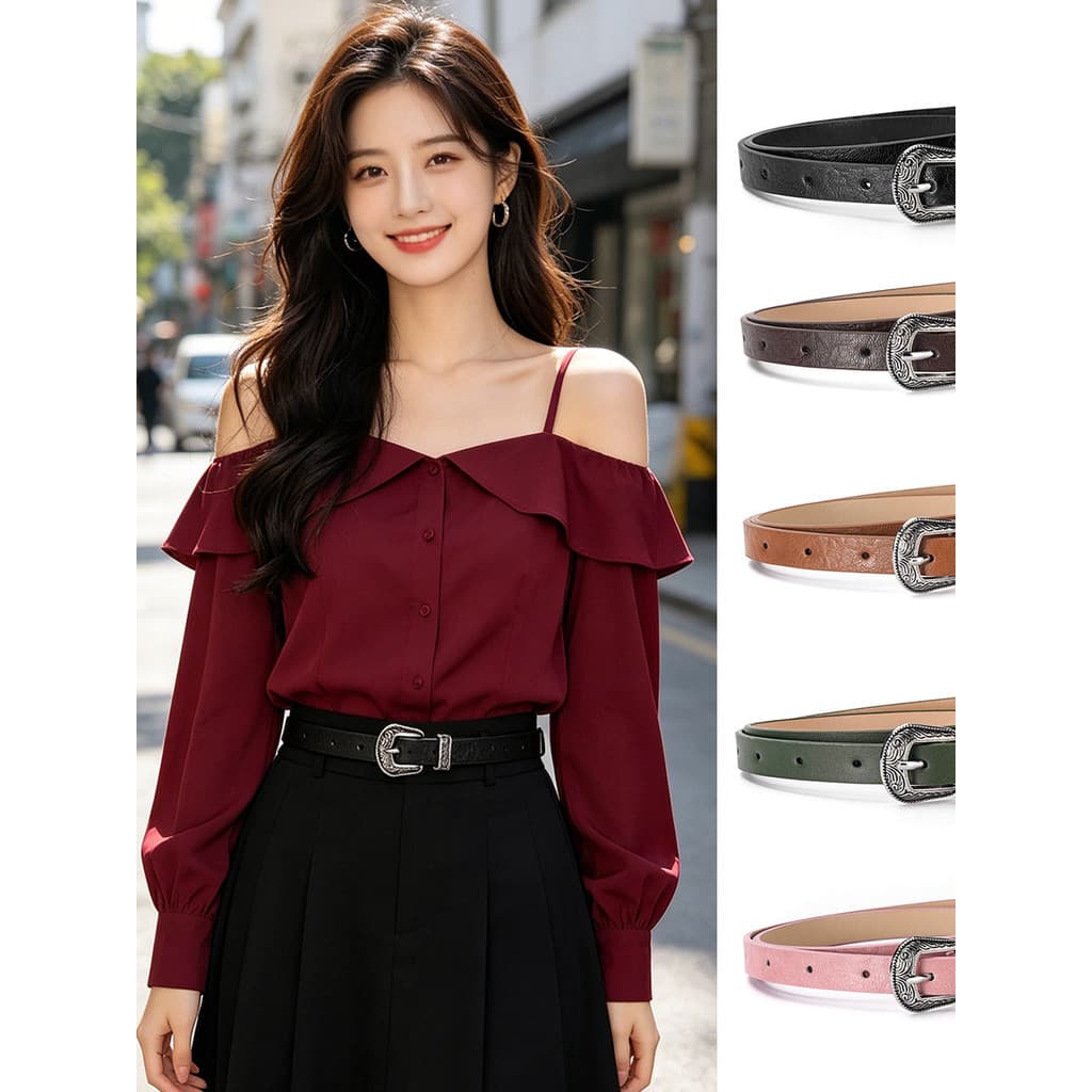 Europeu americano Retro esculpido pino fivela cinto fino feminino All-Match cinto decorativo vestido camisa ins estilo c