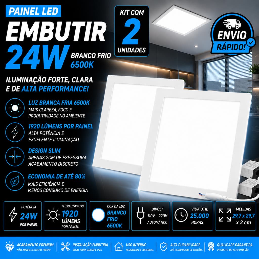 Kit 2 Painel Plafon LED Embutir 24W Quadrado Branco Frio Luminária Para Teto Gesso Forro Paylow